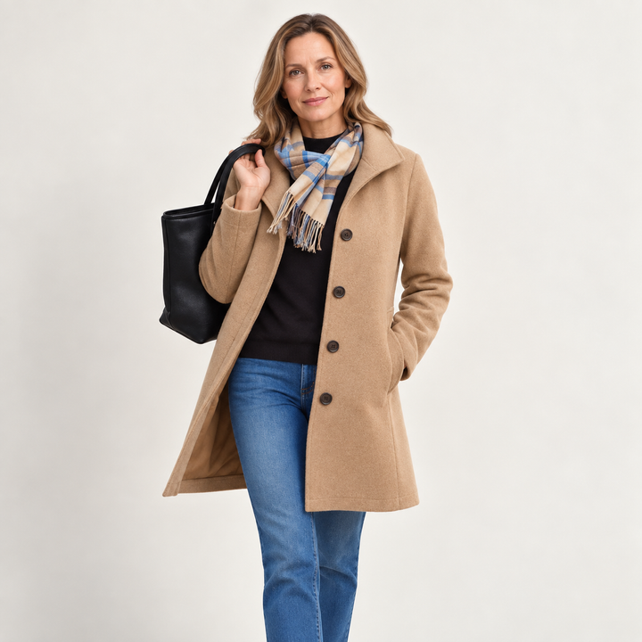 Vivienne coat in black, close-up front view with scarf