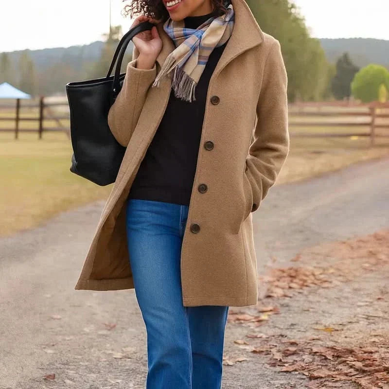 Vivienne button front coat paired with jeans, outdoor styled shot
