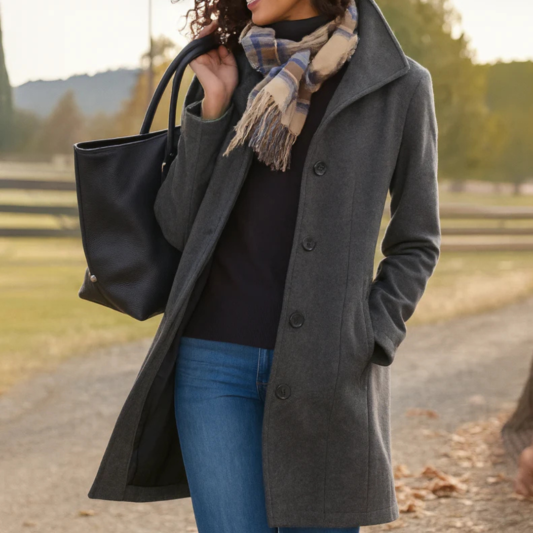 Close-up of Vivienne coat button closure and collar detail in gray
