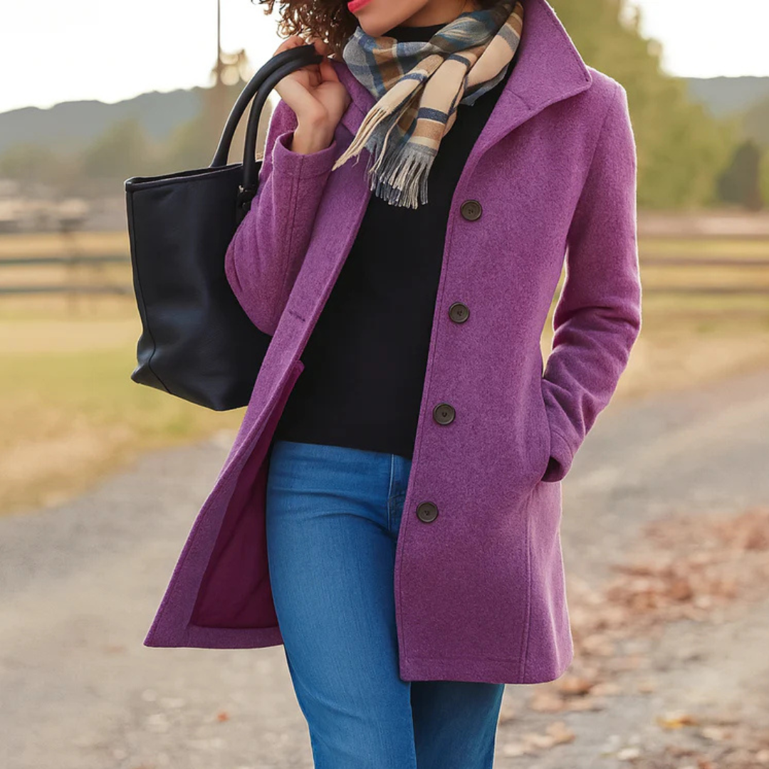 Vivienne coat in black, close-up front view with scarf