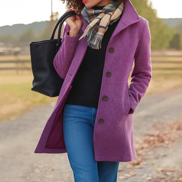 Vivienne coat in black, close-up front view with scarf