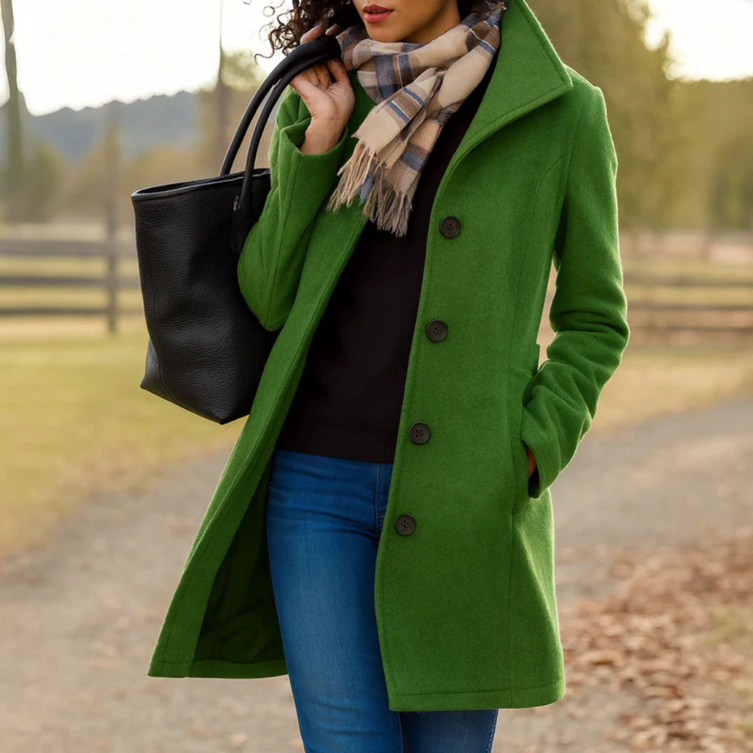 Vivienne coat in black, close-up front view with scarf
