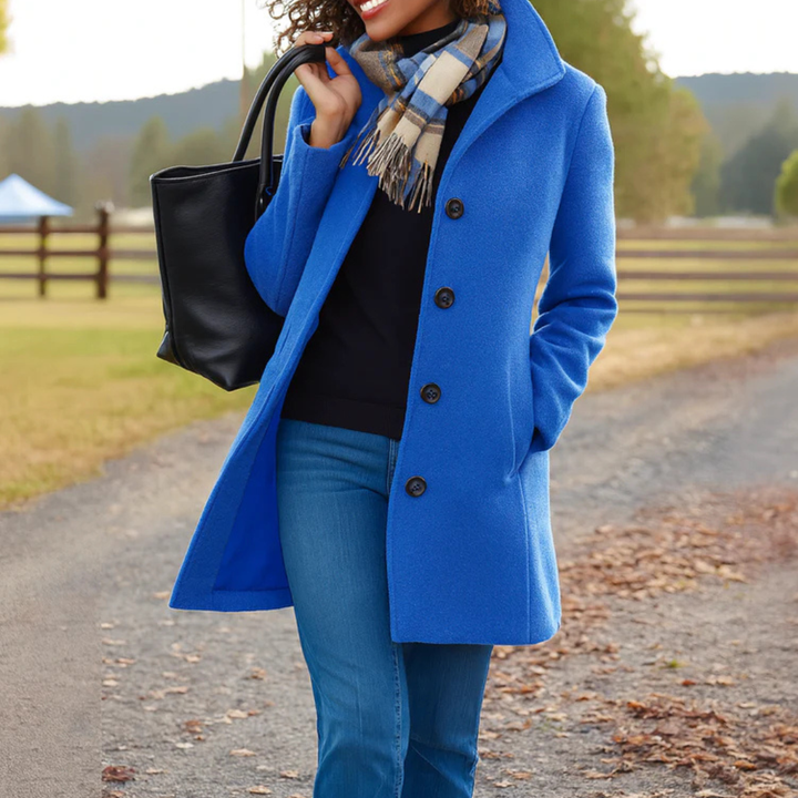 Vivienne coat in black, close-up front view with scarf
