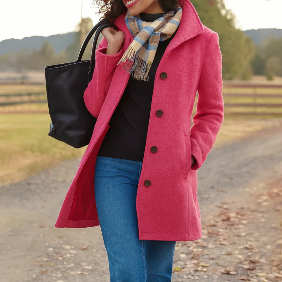 Vivienne coat in black, close-up front view with scarf