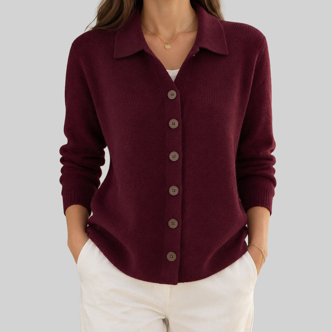 Hyacinth collared button down cardigan in burgundy, front view
