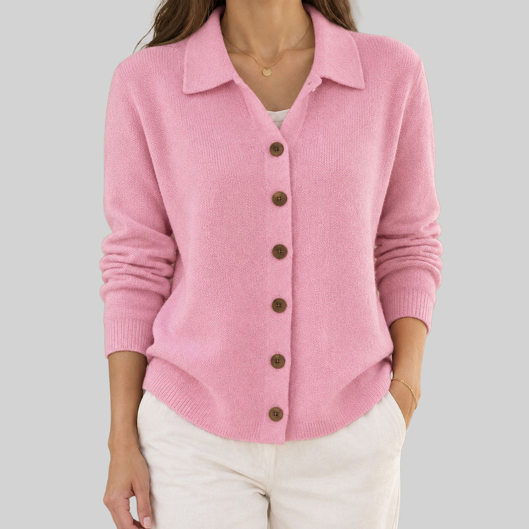 Hyacinth collared button down cardigan in pink, front view