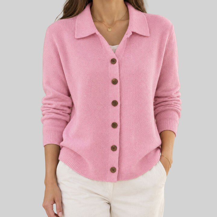 Hyacinth collared button down cardigan in pink, front view