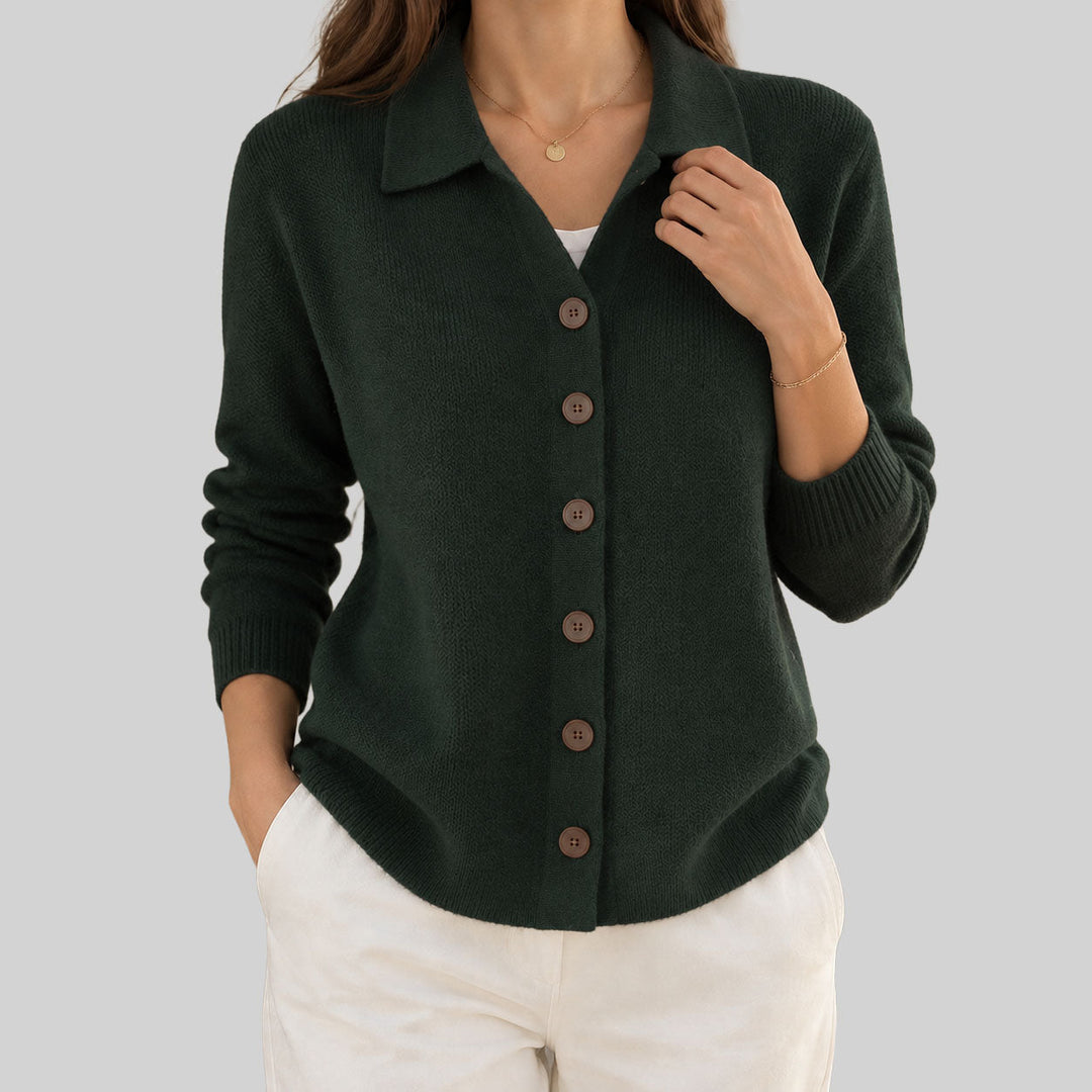 Hyacinth collared button down cardigan in dark green, front view