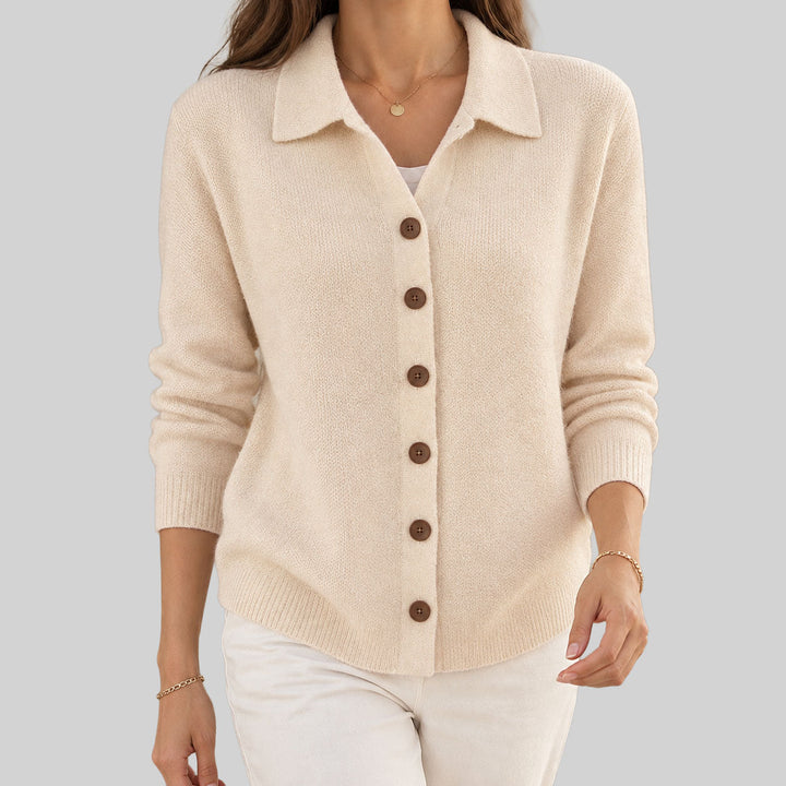 Hyacinth collared button down cardigan in beige, front view
