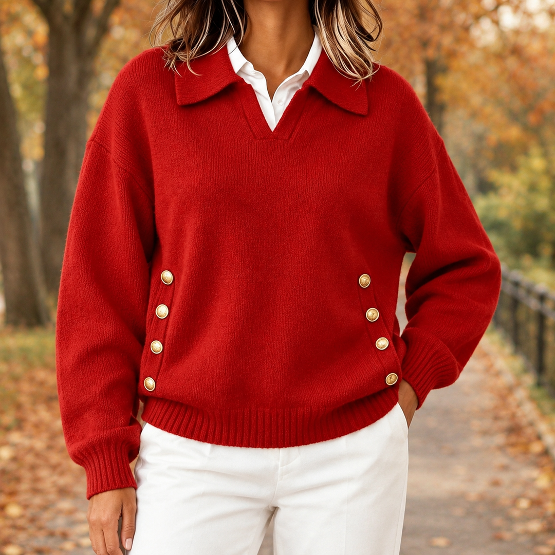 Georgiana collared button sweater in red, close-up front view