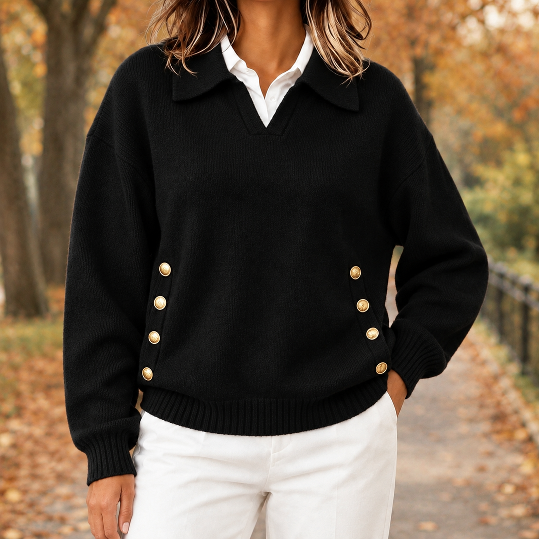 Georgiana collared button sweater in black, front view