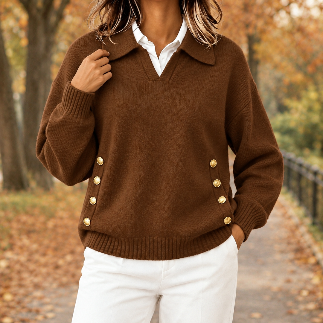 Georgiana collared button sweater in brown, front view