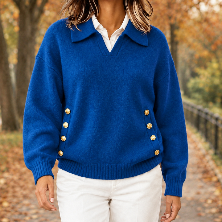 Georgiana collared button sweater in brown, front view