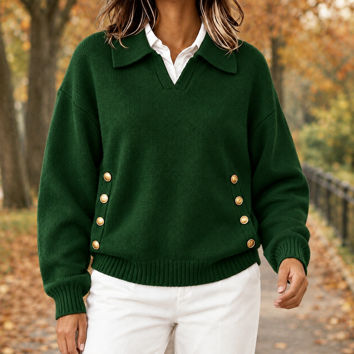 Georgiana collared button sweater in brown, front view