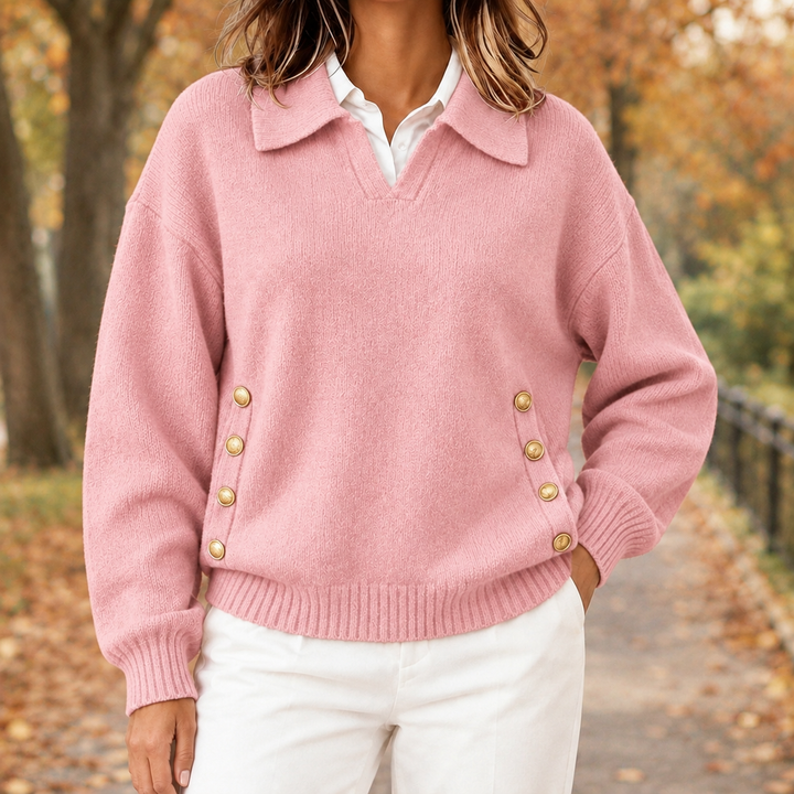 Georgiana collared button sweater in brown, front view