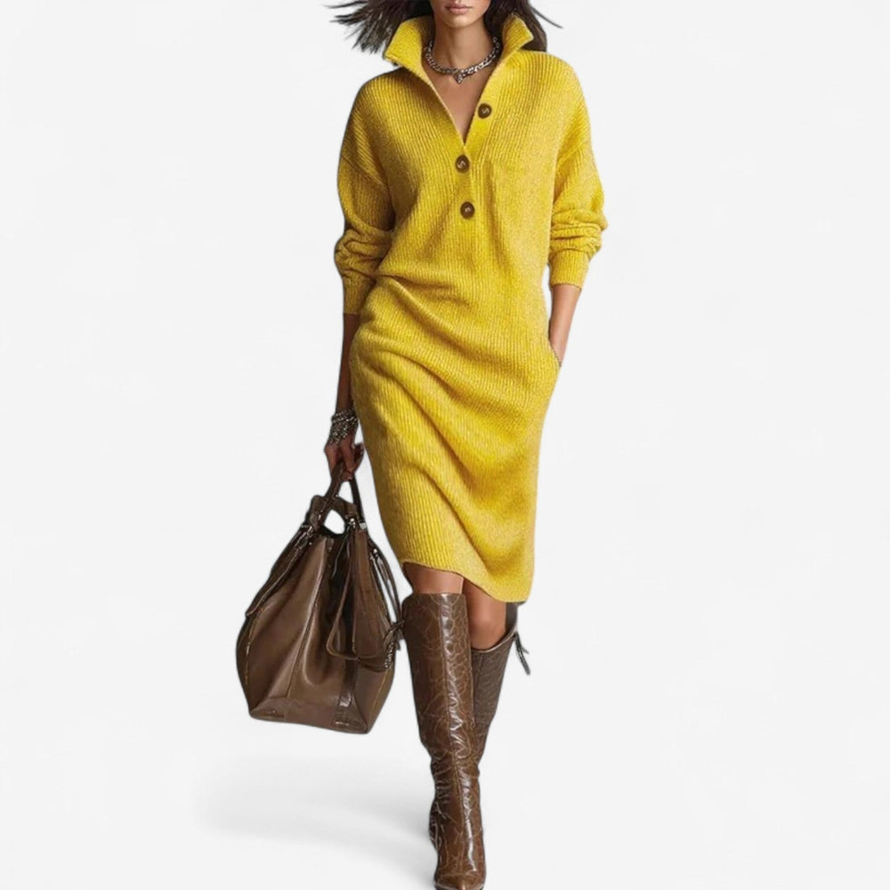 Odette collared button placket sweater dress in yellow, front view