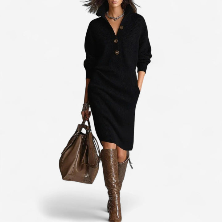 Odette collared button placket sweater dress in black, front view