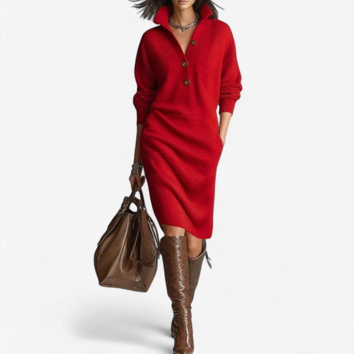 Odette collared button placket sweater dress in red, front view