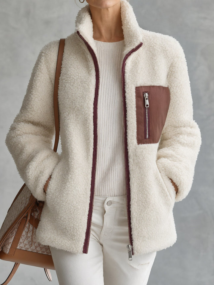 Odalys color-blocked fleece zip jacket, close-up front view with chest zip pockets