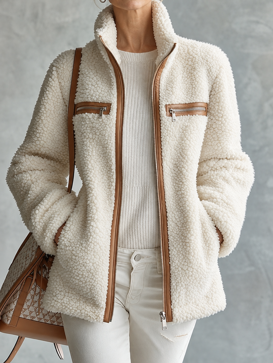 Odalys color-blocked fleece zip jacket, close-up front view with chest zip pockets