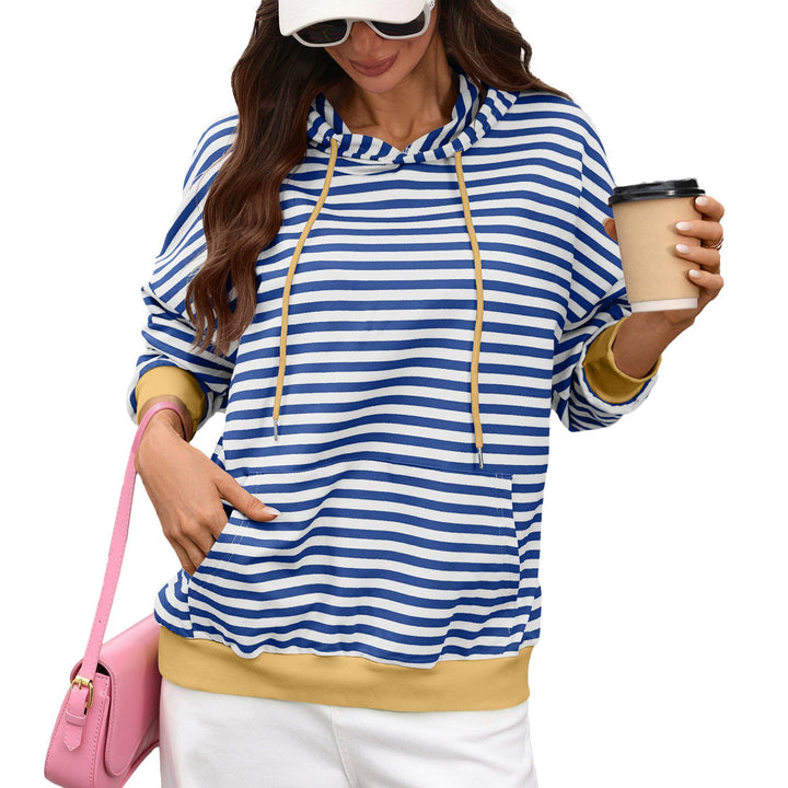 Faustine striped pullover hoodie in blue and white, front view with kangaroo pocket