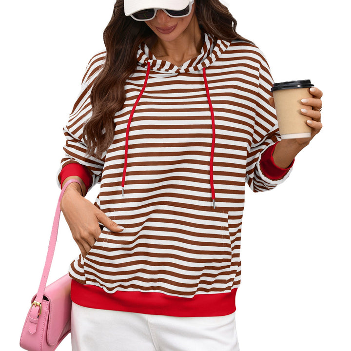 Faustine striped pullover hoodie in brown and white, front view with contrast trim