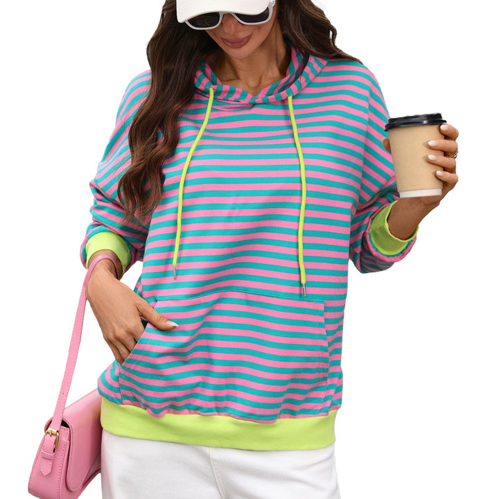Faustine striped pullover hoodie in brown and white, front view with contrast trim