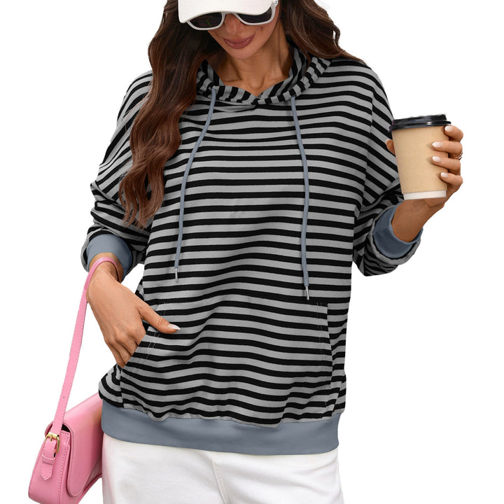 Faustine striped pullover hoodie in brown and white, front view with contrast trim