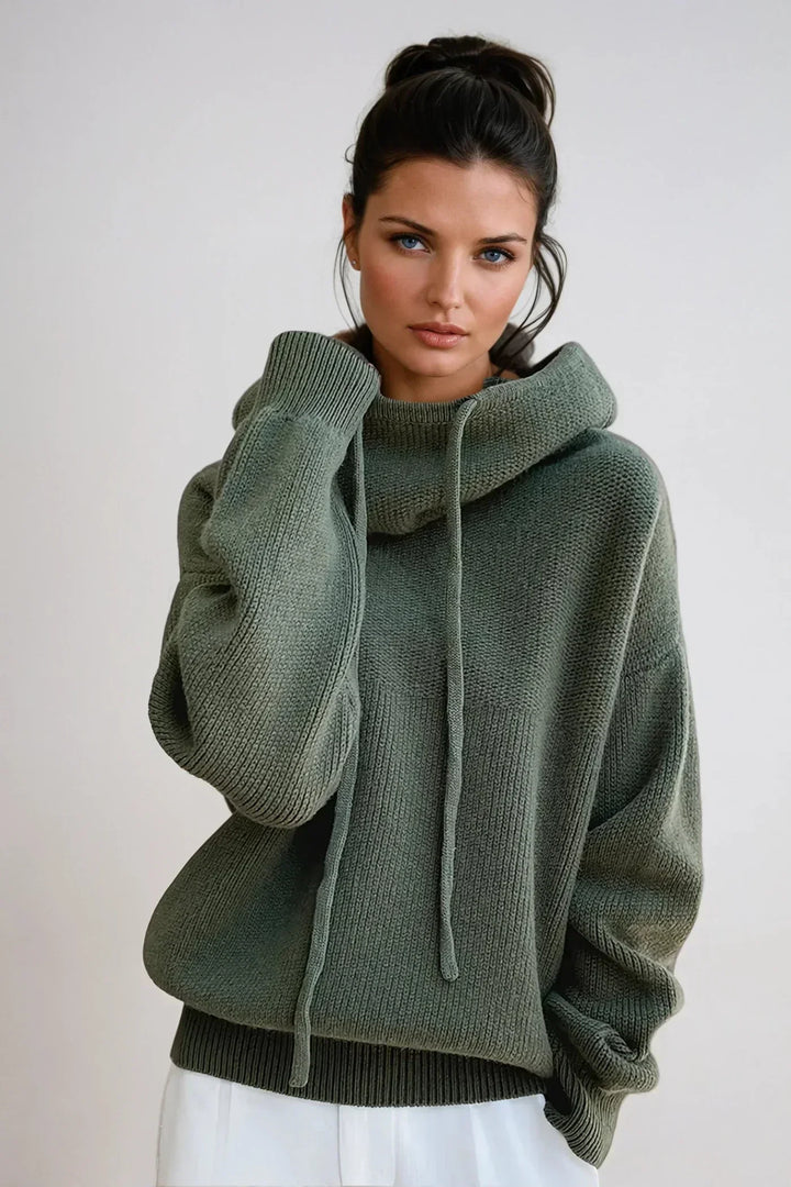 Larkspur cowl turtleneck sweater in sage green, front view