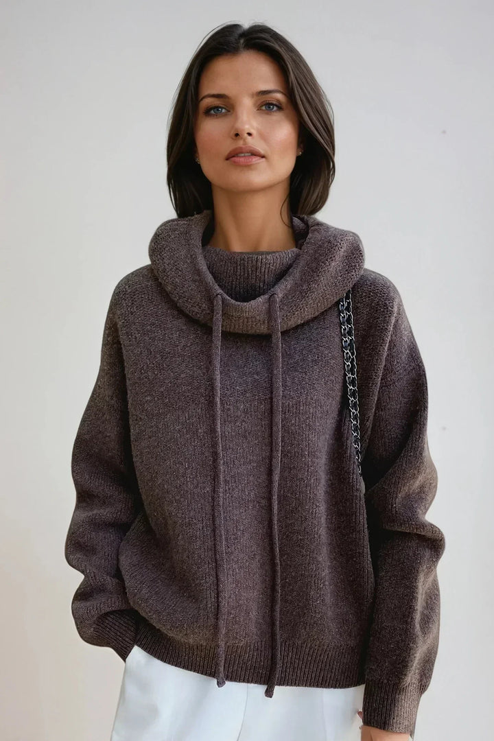 Larkspur cowl turtleneck sweater in brown, front view