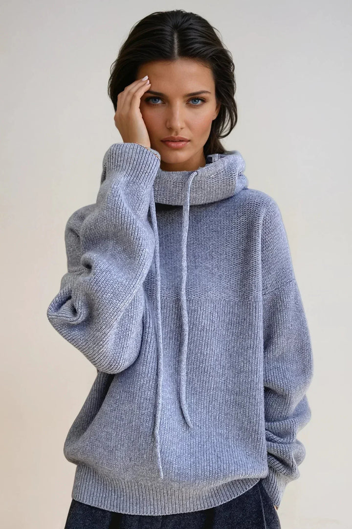 Larkspur cowl turtleneck sweater in heather gray, front view