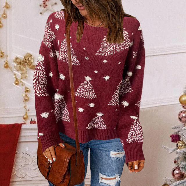 Noelle red Christmas tree pattern crew neck sweater, front view