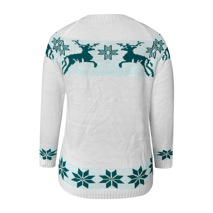 Noelani white Christmas sweater with green reindeer and snowflake print, back view