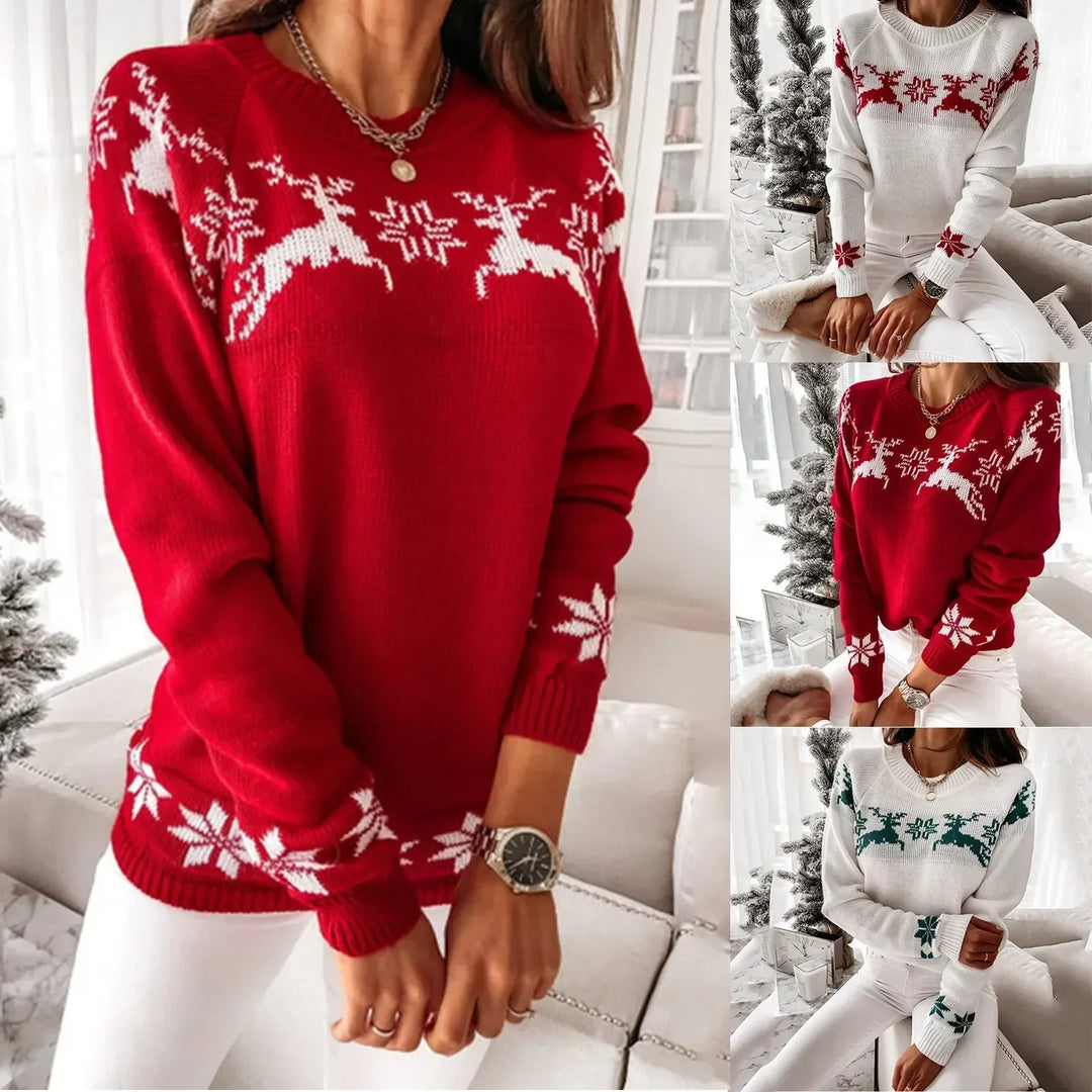 Noelani Christmas sweater in red, white and green colorways, collage view