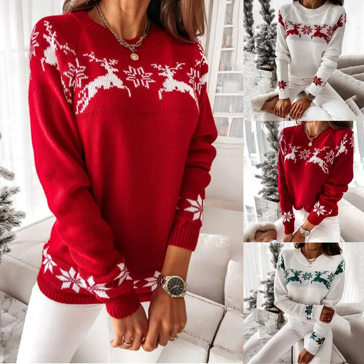 Noelani Christmas sweater in red, white and green colorways, collage view
