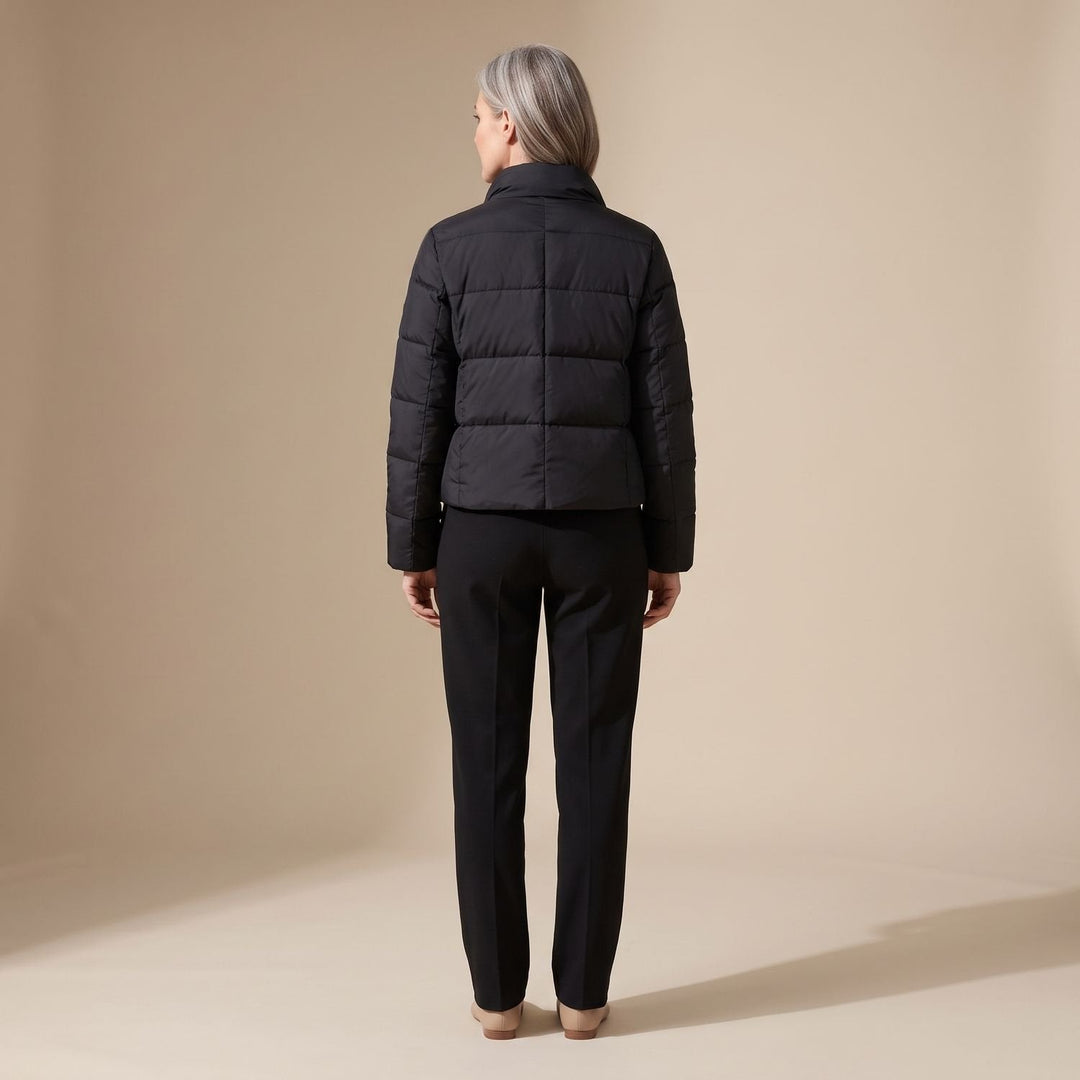 Odalys cropped puffer jacket in black, full outfit view on model
