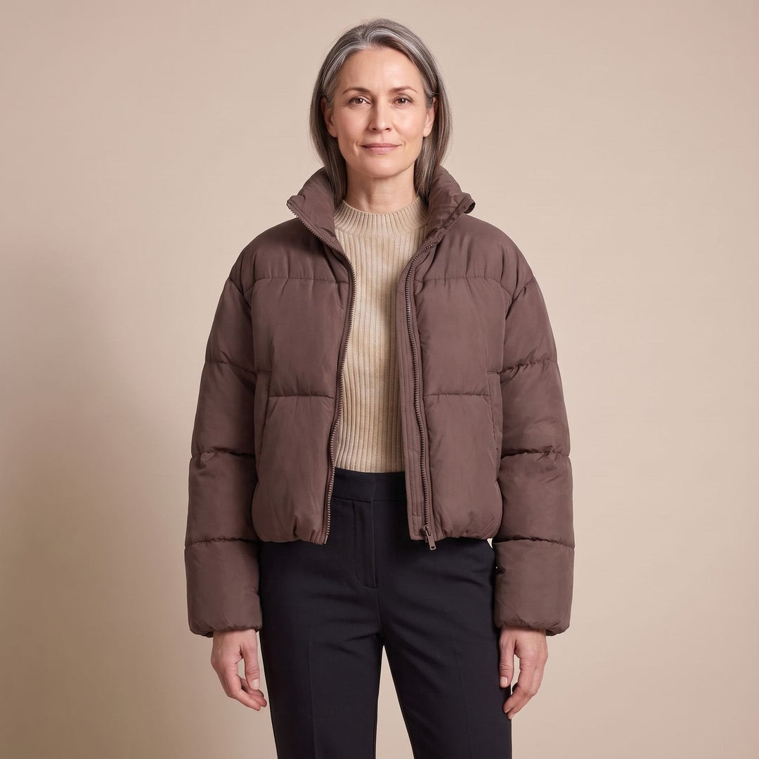 Odalys cropped puffer jacket in black, full outfit view on model