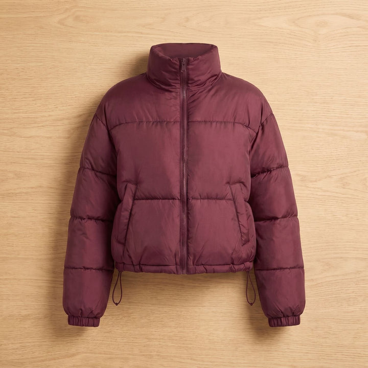 Odalys cropped puffer jacket in burgundy, flat lay front view