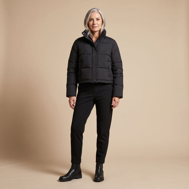 Odalys cropped puffer jacket in black, full outfit view on model