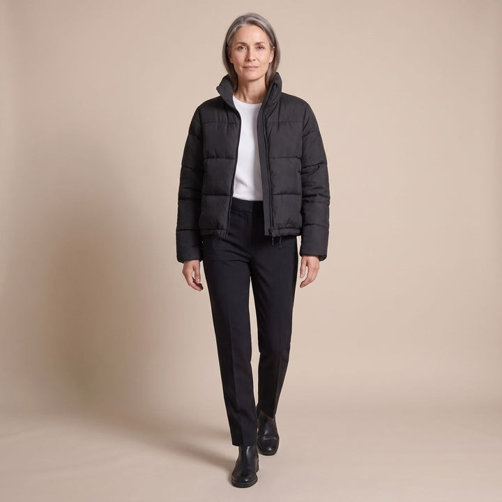 Odalys cropped puffer jacket in black, full outfit view on model