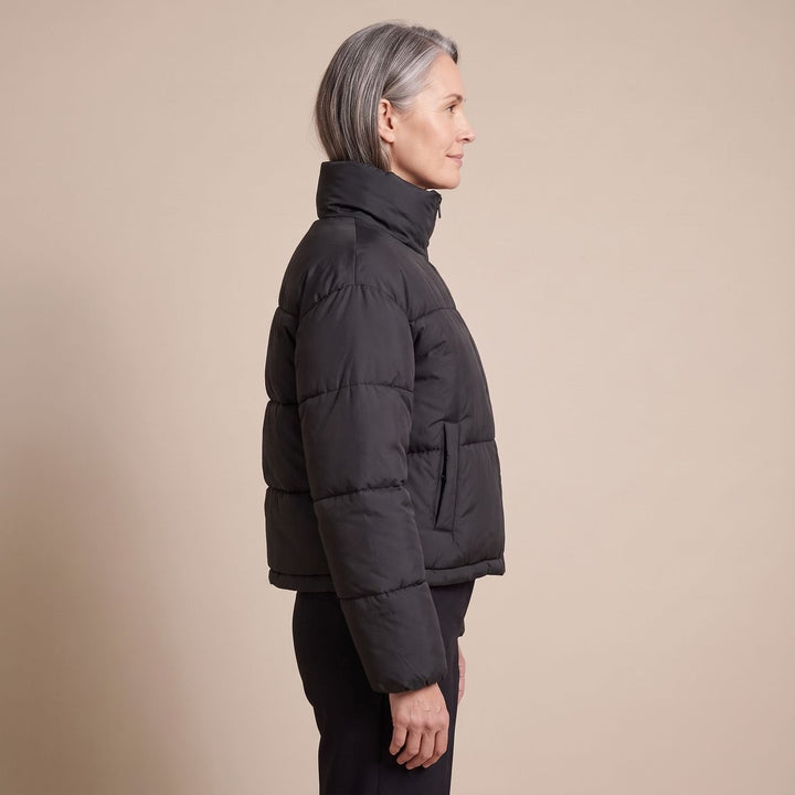 Odalys cropped puffer jacket in black, full outfit view on model