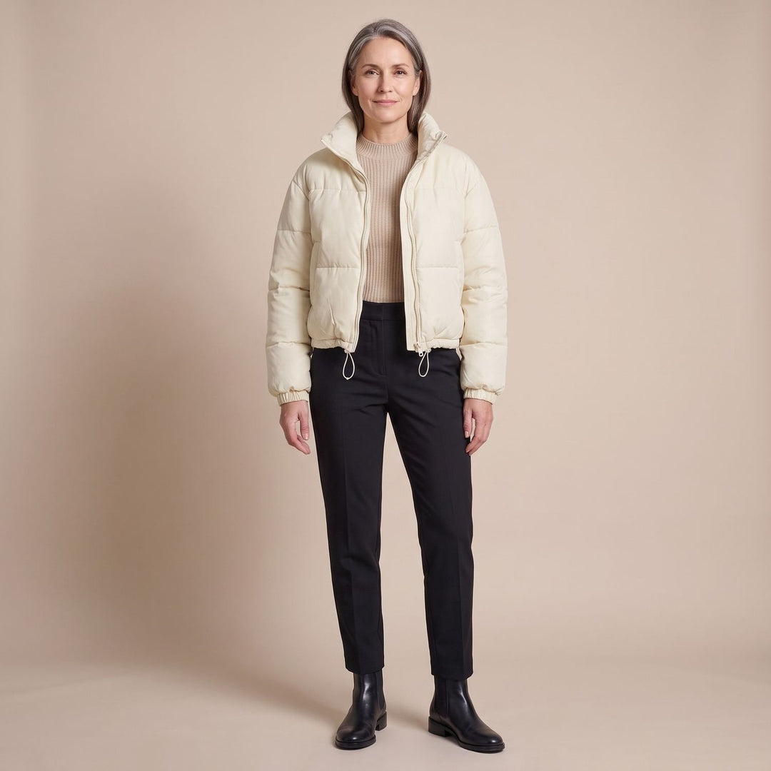 Odalys cropped puffer jacket in black, full outfit view on model