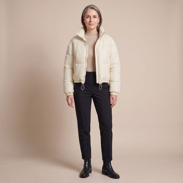 Odalys cropped puffer jacket in black, full outfit view on model