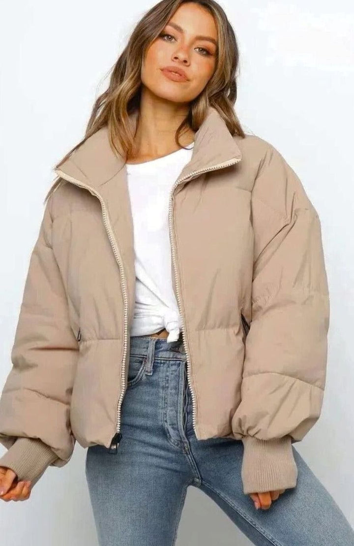 Imogen cropped quilted puffer jacket with stand collar, front view