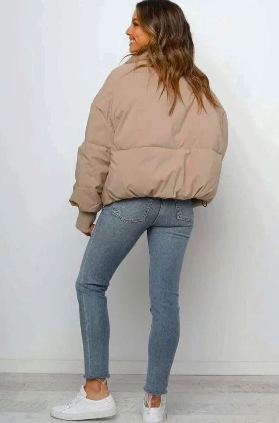 Imogen cropped puffer jacket, back view with ribbed hem
