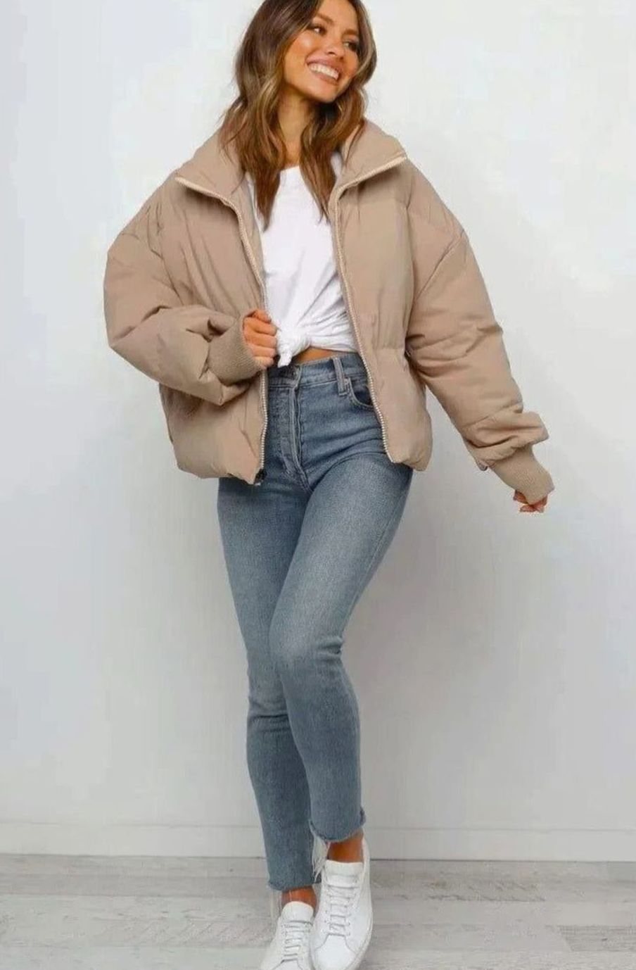 Imogen cropped puffer jacket, full-length side view with ribbed cuffs