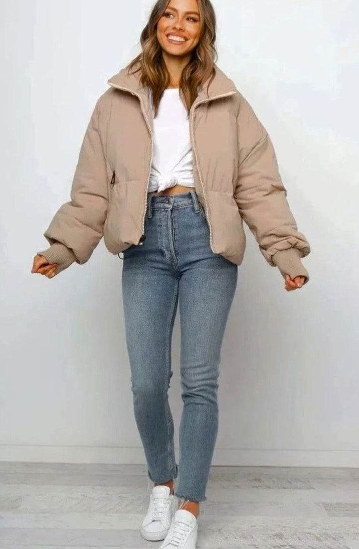 Imogen cropped puffer jacket, full-length side view with ribbed cuffs