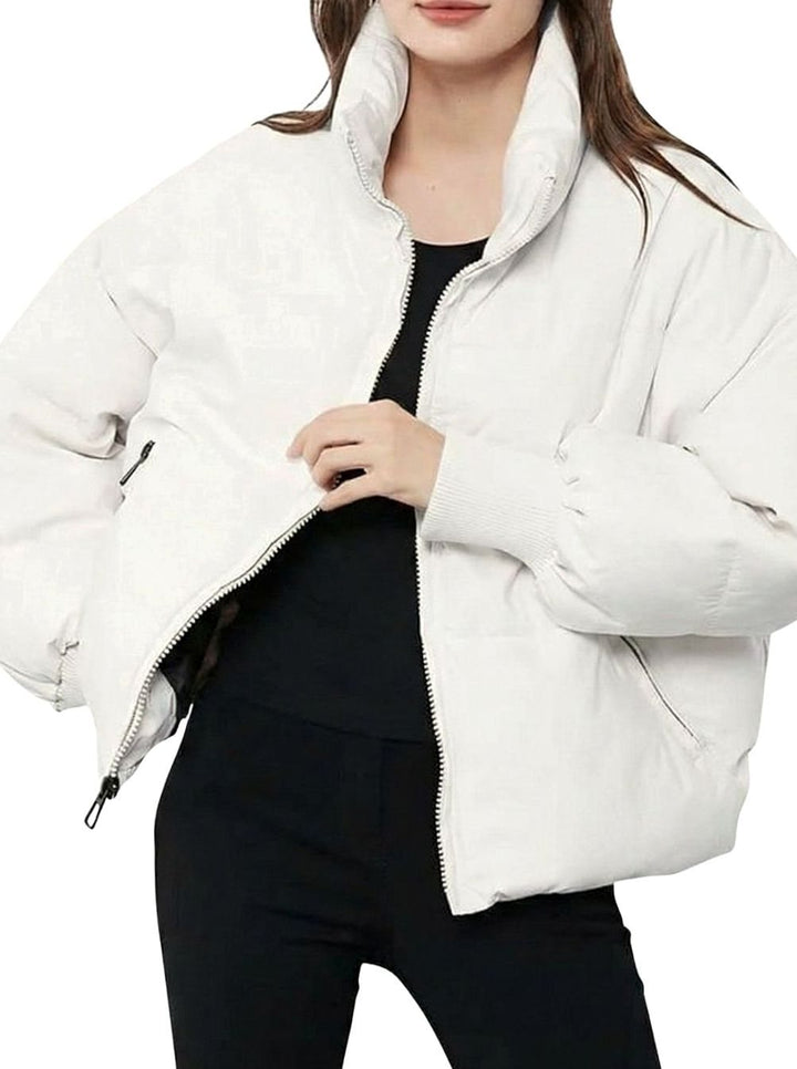 Imogen cropped puffer jacket, full-length side view with ribbed cuffs