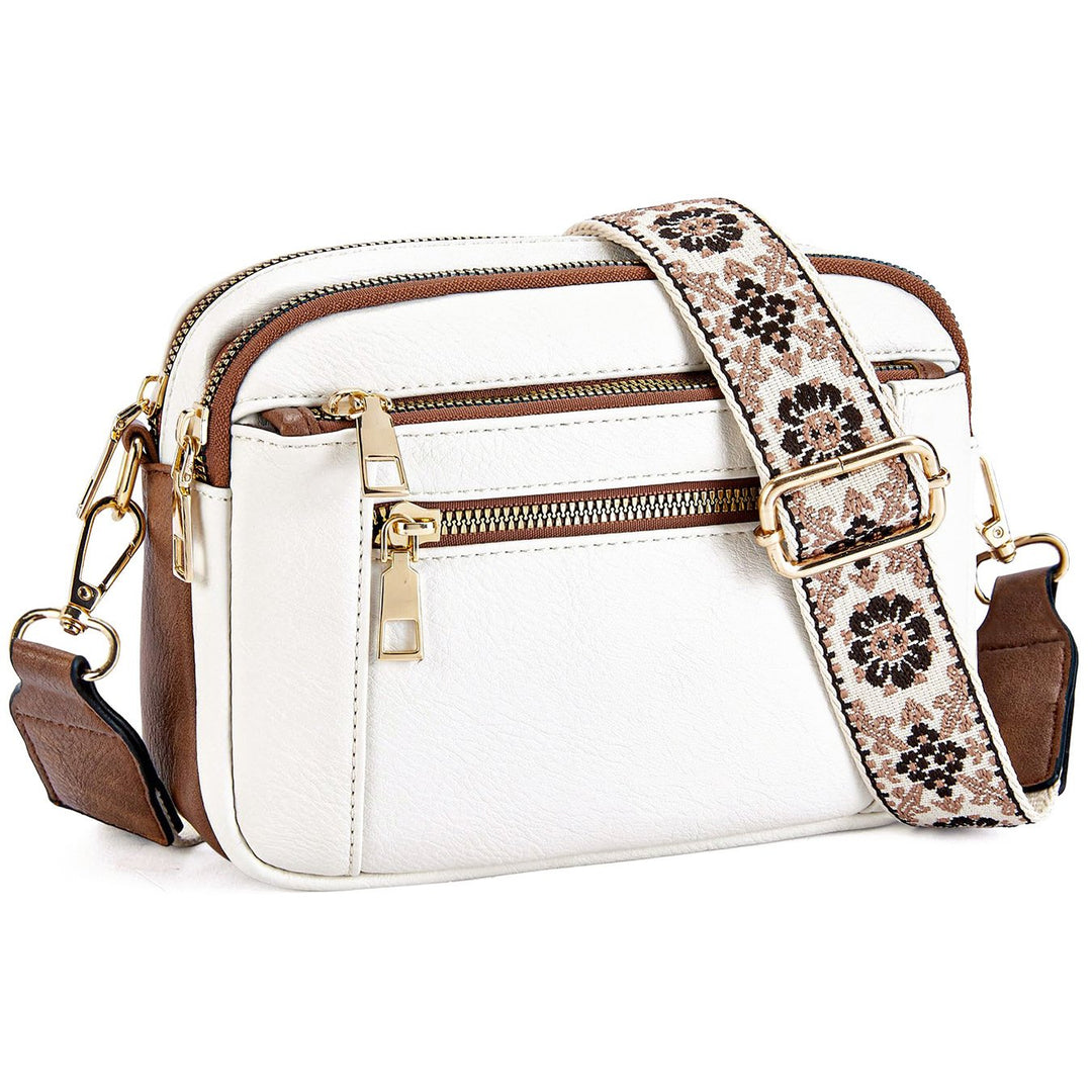 Marisol crossbody bag with woven guitar strap, front angled view