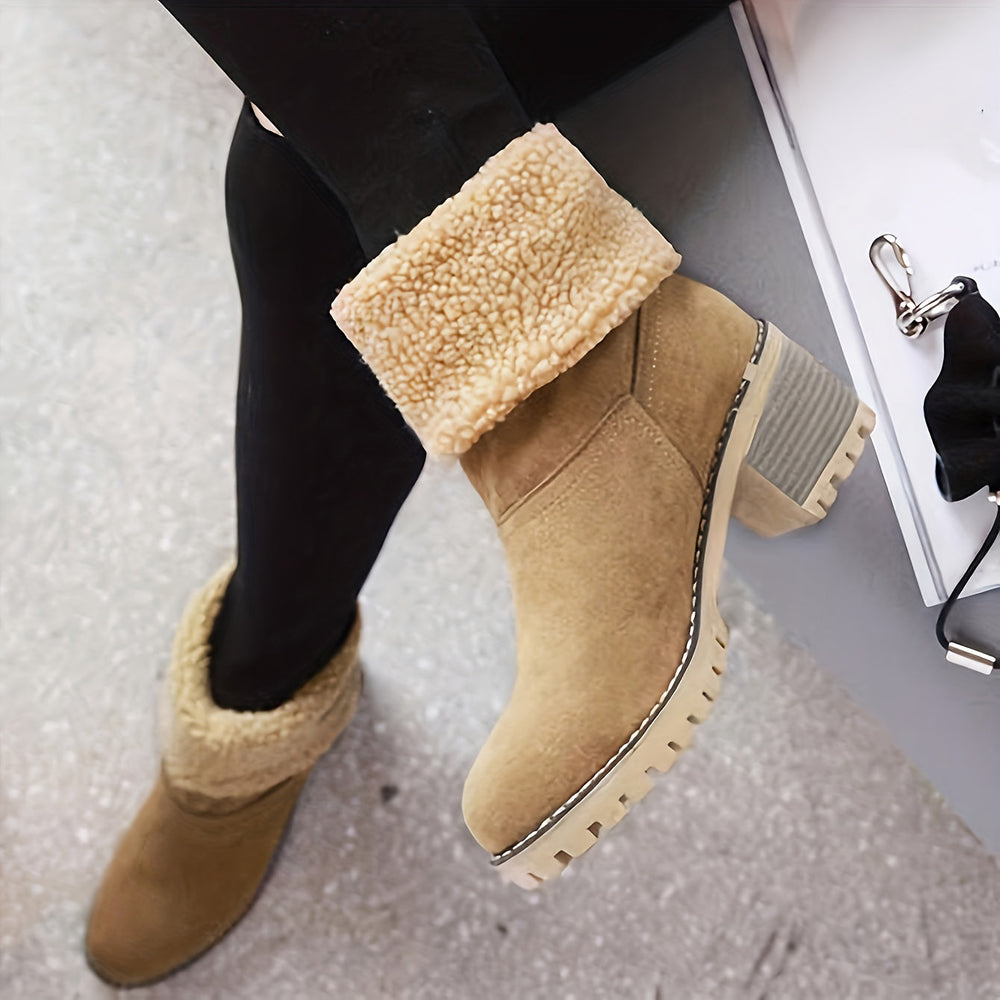 Rosalyn cuffed winter boots worn on foot, close-up side view